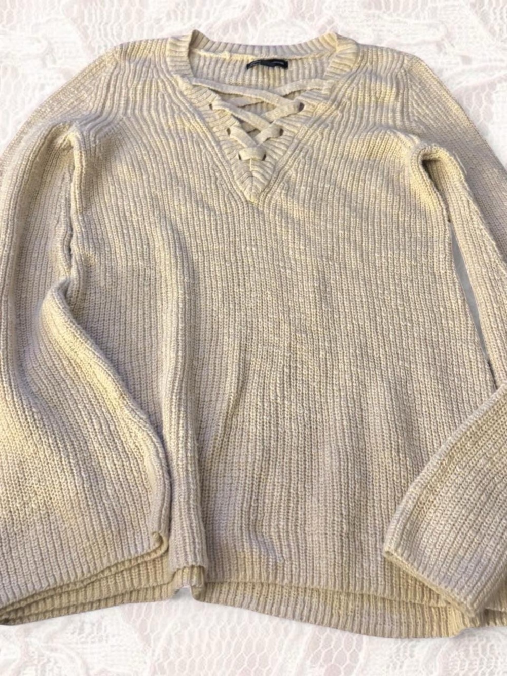 American Eagle Outfitters Cream Lace-Up V-Neck Sweater